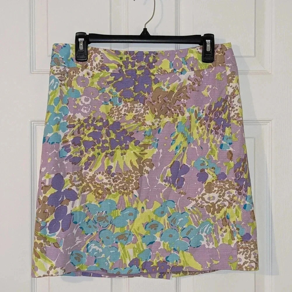 Talbots Petite Mini Skirt Size 8P Purple Watercolor Floral Barkcloth Back Zip